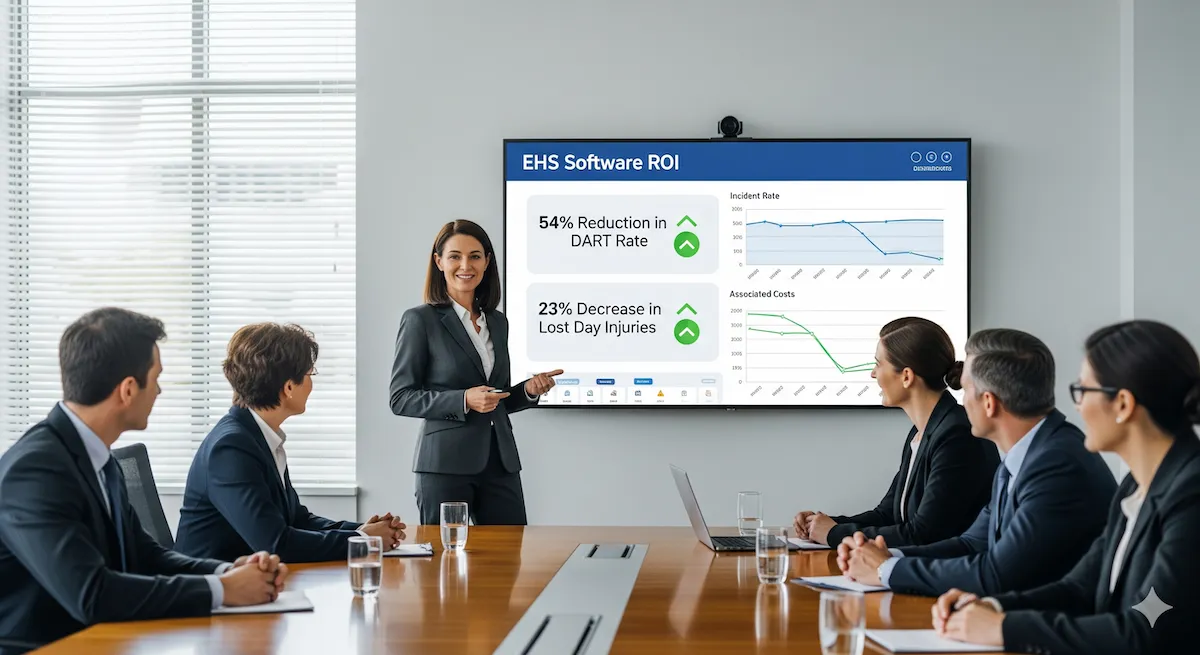 An illustration showing a rising bar chart with a magnifying glass over it, symbolizing the measurement and analysis of EHS software ROI.